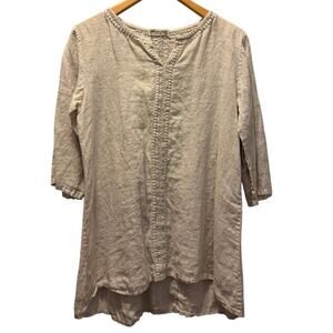 Terzo Millenio Women's Tunic Blouse Beige Linen Embroidered  High Low Tops Large